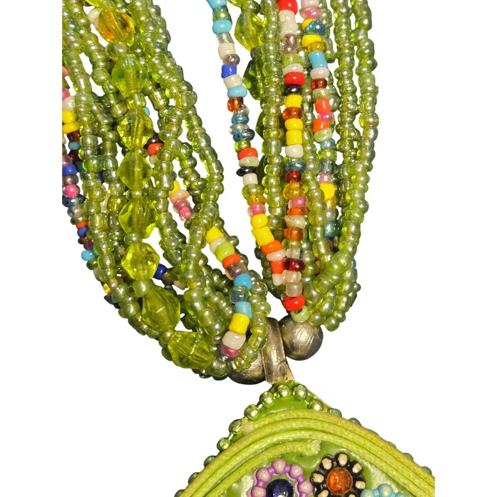 Multistrand Green Beaded Statement Necklace Large Mosaic Pendant Boho Artisan